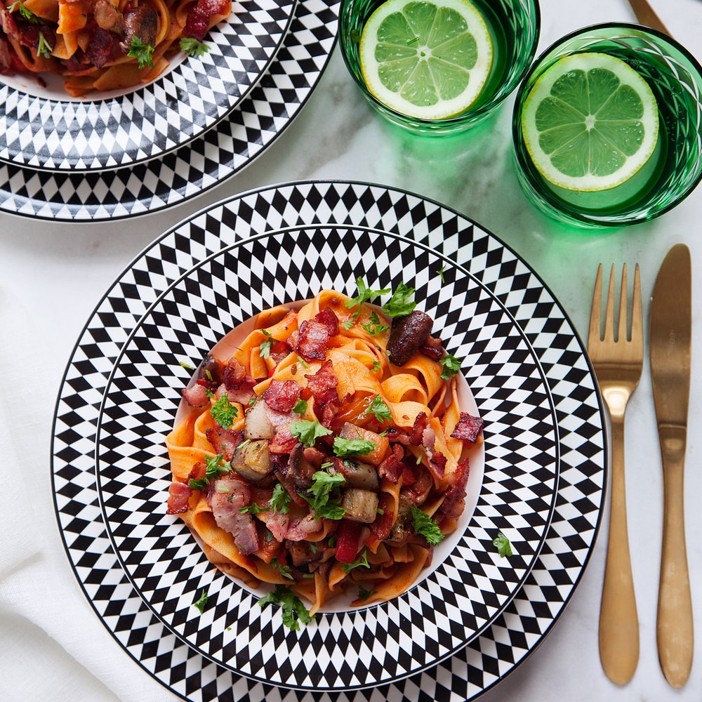 Pasta med shiitake och grillad paprika