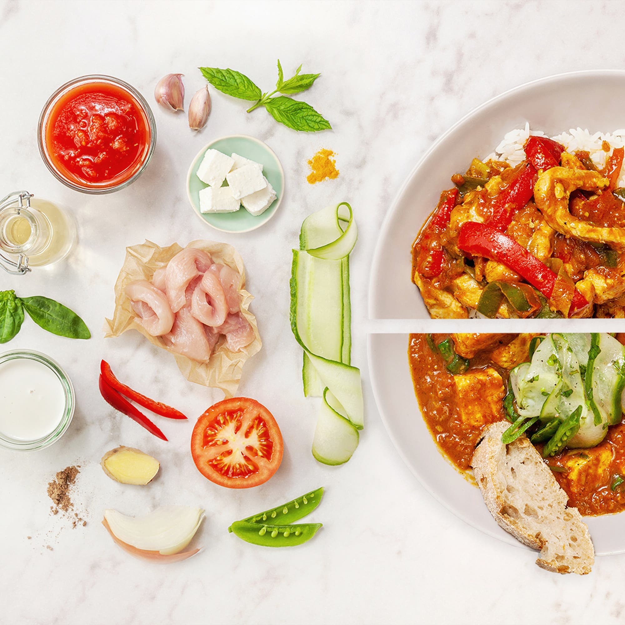 Kycklinggryta med ris + Palak paneer med bröd och sallad