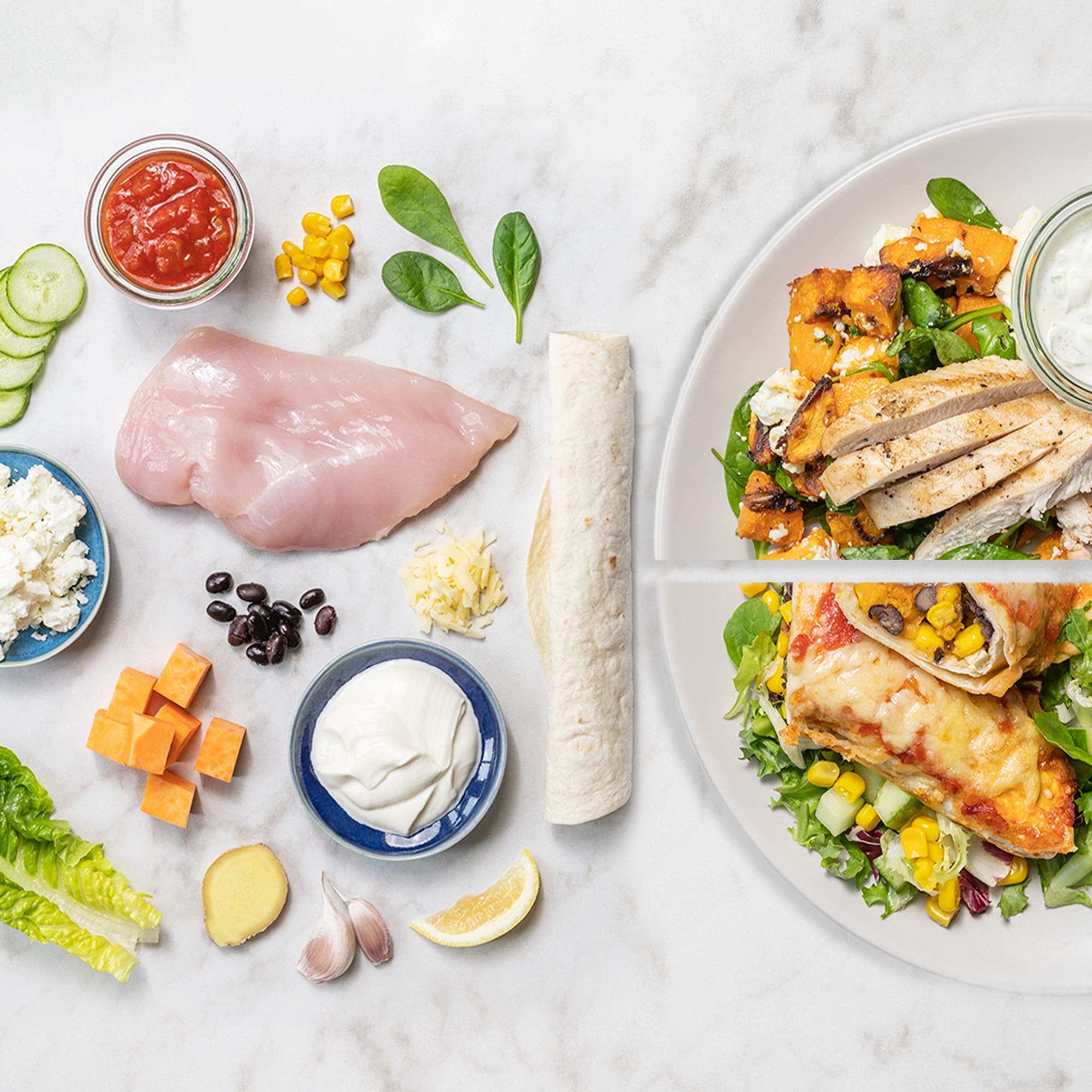 Snabbstekt kyckling med rostad sötpotatis och tzatziki + Sötpotatisenchiladas