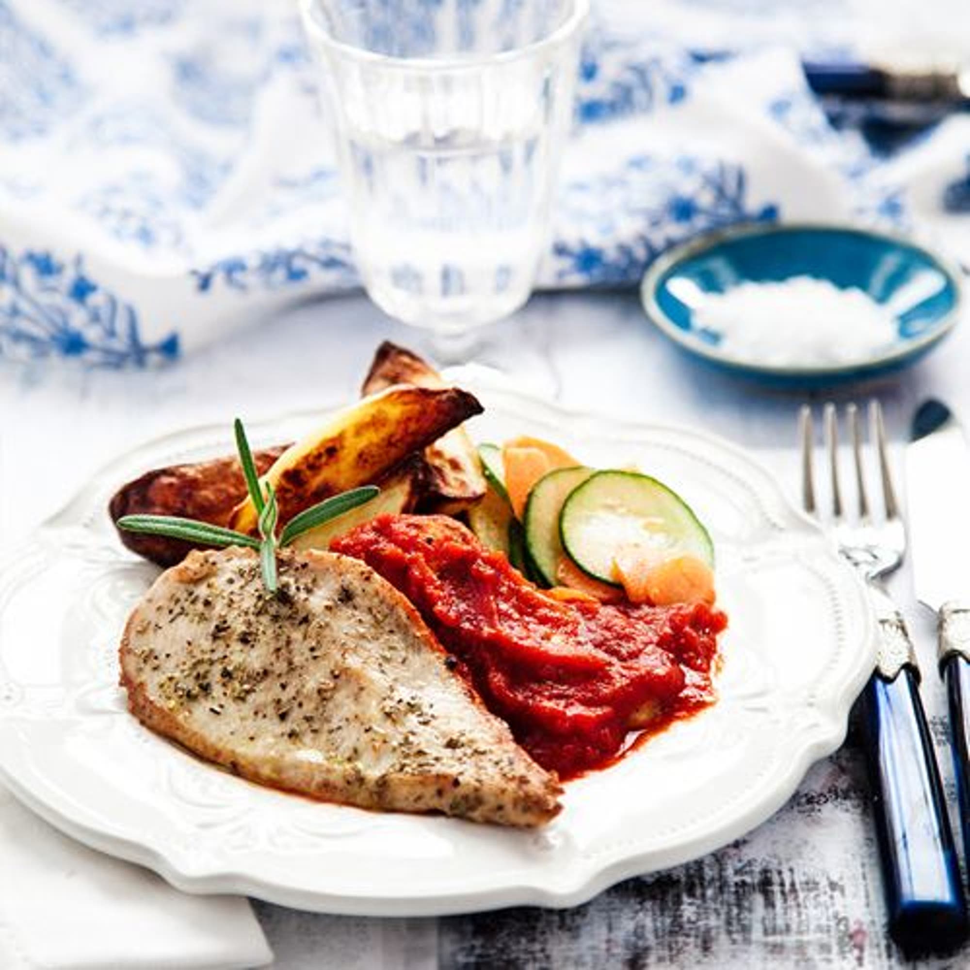 Rosmarinstekt kyckling med klyftpotatis och tomatsås