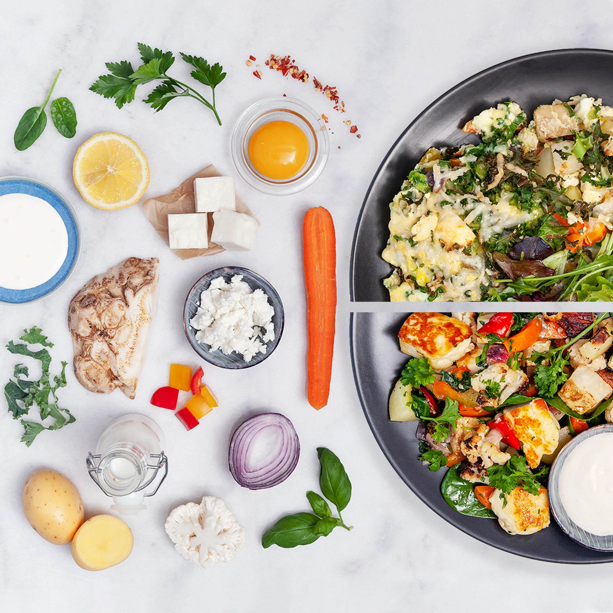 Halloumipytt med citrus- och chiliyoghurt + Grönsaksfrittata med fetaost