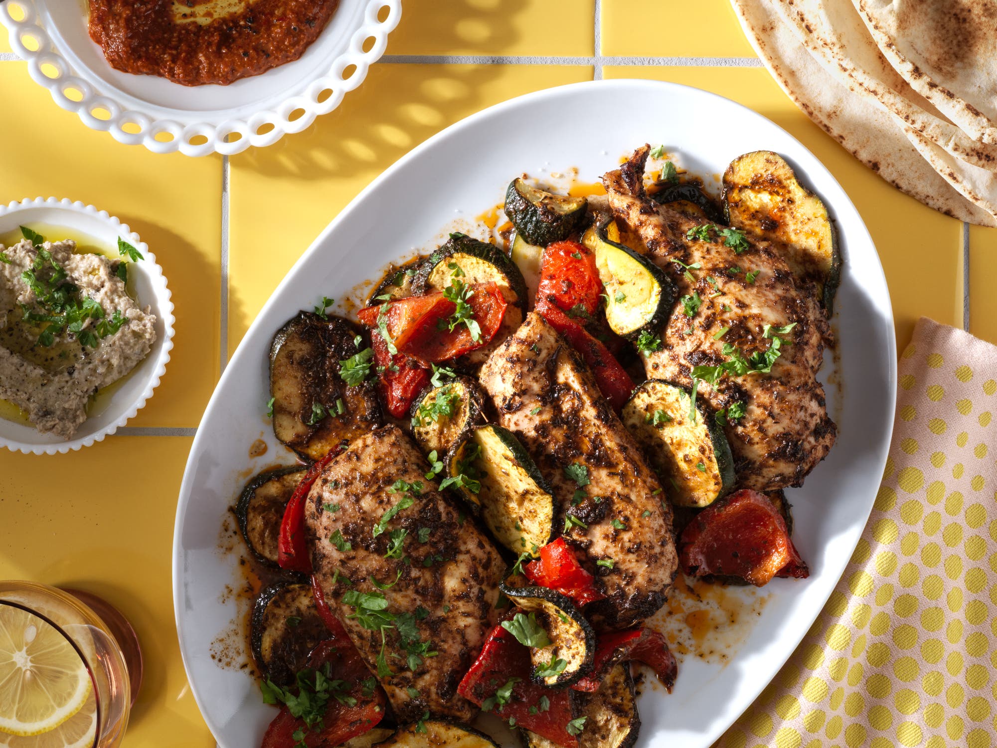 Rostad kyckling på plåt med röror och bröd